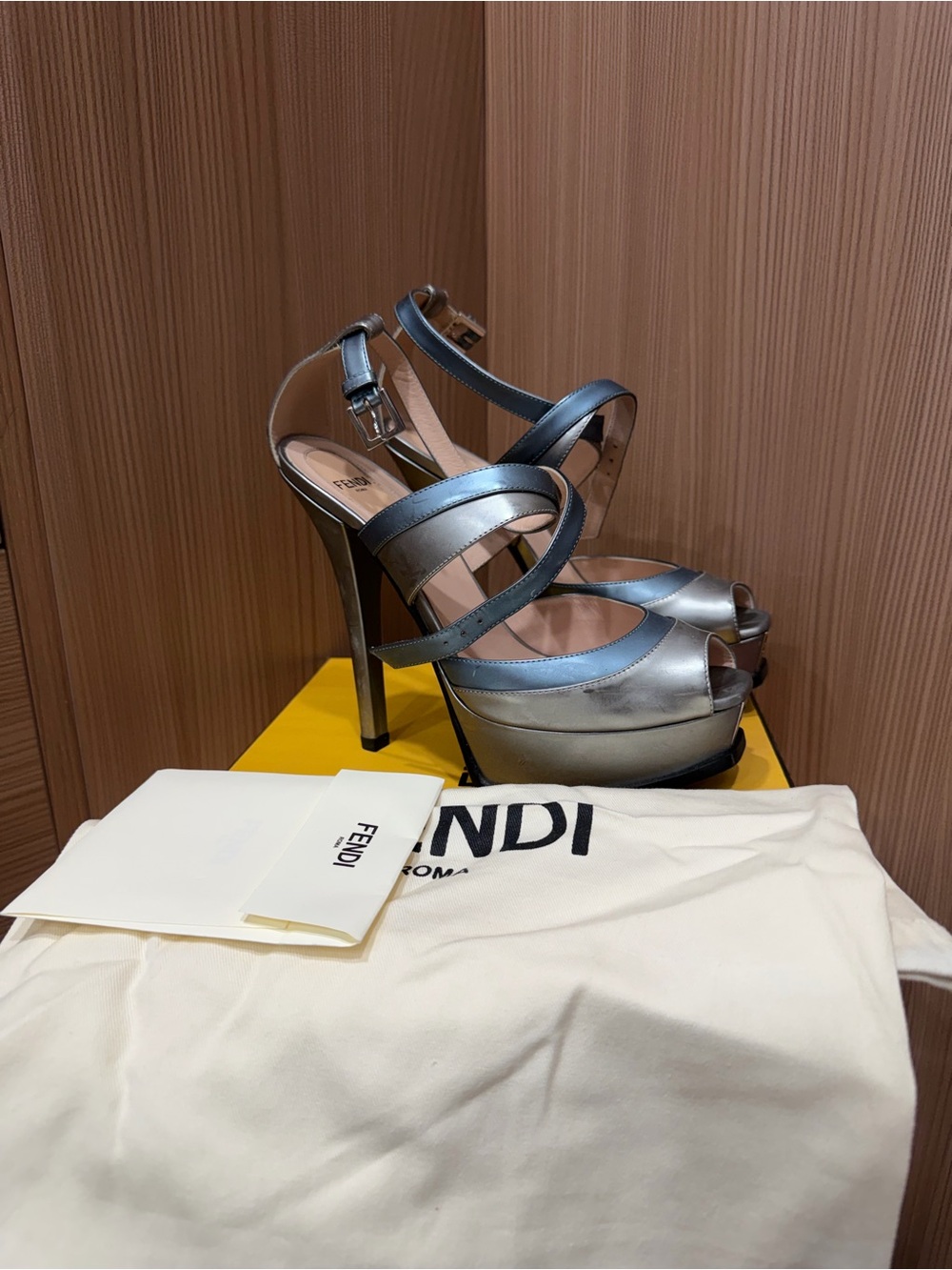 Fendi Metallic Gunmetal Platform Heels Sandals FF Logo Size 38.5